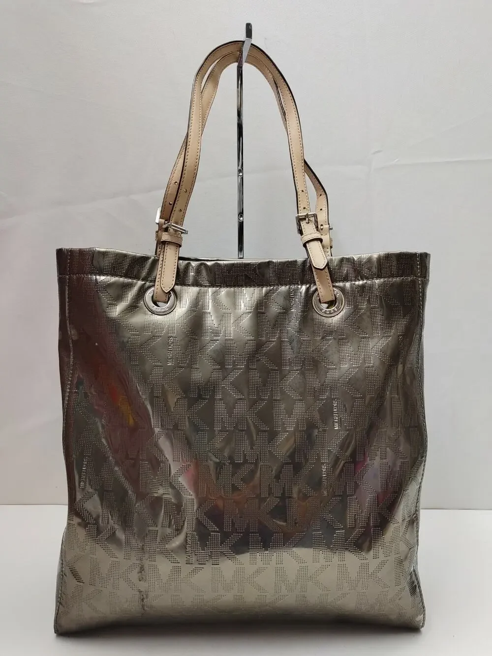 Michael Kors Gray Coated Leather MK Printed Double Handle Tote Bag